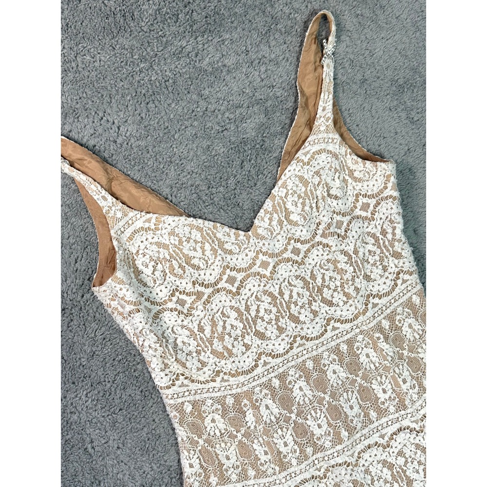 Cache Y2K vintage ivory white lace & bead Mini Dress nude sz 6 homecoming - Picture 7 of 7